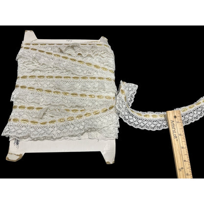 Gold & White Lace Trim 18 Yards On Card Spool With Ruffled Detailing For Sewing & Crafts 15 yards
