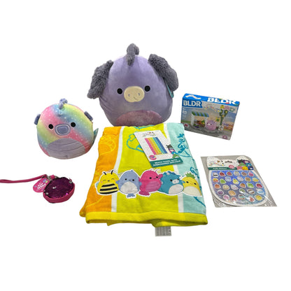 Squishmallows Gift Set Includes Plush Pig & Unicorn Beach Towel Stickers Keychain & BLDR Playset Bright & Fun Collectible Bundle