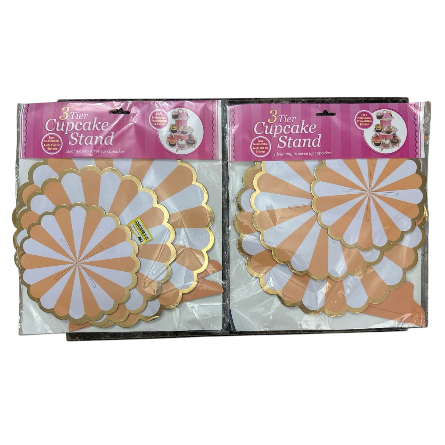 3-Tier Cardboard Cupcake Stand With Gold Trim, Orange & White Design, Easy Assembly (SET OF 2)