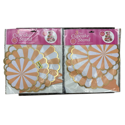 3-Tier Cardboard Cupcake Stand With Gold Trim, Orange & White Design, Easy Assembly (SET OF 2)