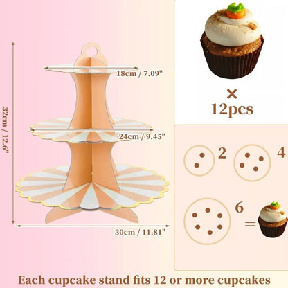 3-Tier Cardboard Cupcake Stand With Gold Trim, Orange & White Design, Easy Assembly (SET OF 2)