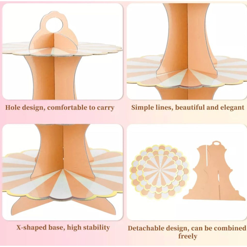 3-Tier Cardboard Cupcake Stand With Gold Trim, Orange & White Design, Easy Assembly (SET OF 2)