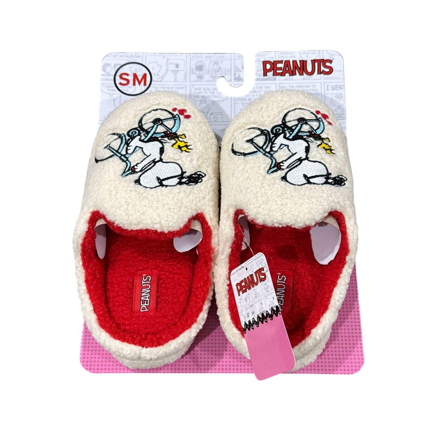 Peanuts Snoopy Women's Slippers Cupid Embroidery Cozy Fleece Red & White S/M