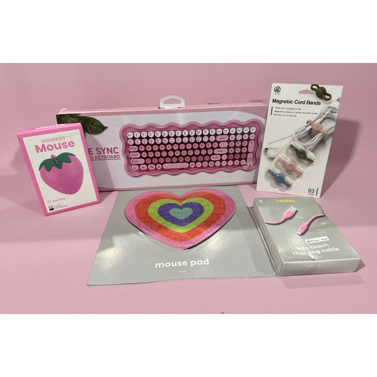 Pink Bundle Desk Essentials: Wireless Keyboard, Strawberry Mouse,  Heart Mouse Pad, Charging Cable & Magnetic Cord Bands