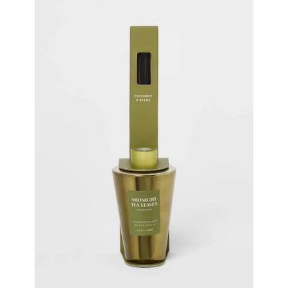 Midnight Tea Leaves Luxury Reed Diffuser 6.1 Fl Oz With 8 Reeds Herb & Refined Gold-Tone Container