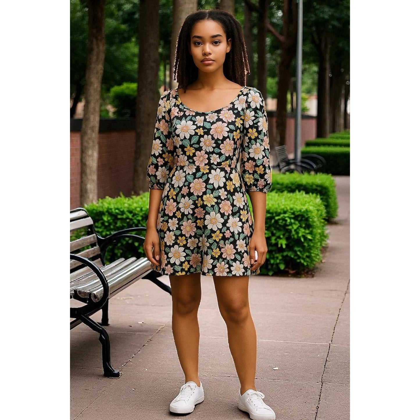 Floral Black & Pink Mini Dress With Puff Sleeves Vent Torch Small Stretchy Rayon Blend Made In USA