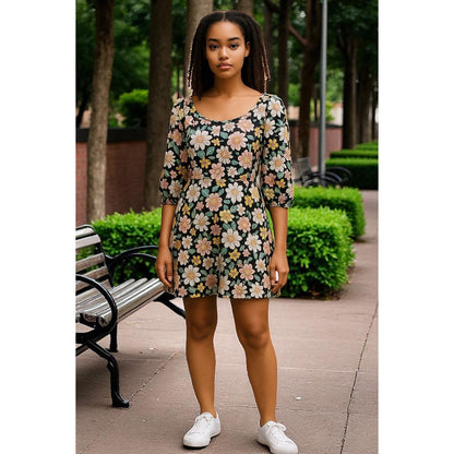 Floral Black & Pink Mini Dress With Puff Sleeves Vent Torch Small Stretchy Rayon Blend Made In USA
