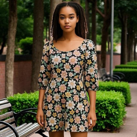 Floral Black & Pink Mini Dress With Puff Sleeves Vent Torch Small Stretchy Rayon Blend Made In USA