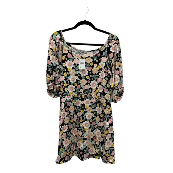 Floral Black & Pink Mini Dress With Puff Sleeves Vent Torch Small Stretchy Rayon Blend Made In USA