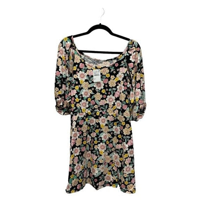 Floral Black & Pink Mini Dress With Puff Sleeves Vent Torch Small Stretchy Rayon Blend Made In USA