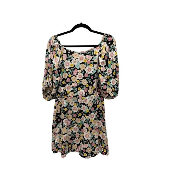 Floral Black & Pink Mini Dress With Puff Sleeves Vent Torch Small Stretchy Rayon Blend Made In USA