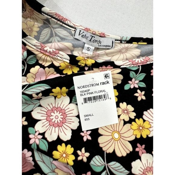 Floral Black & Pink Mini Dress With Puff Sleeves Vent Torch Small Stretchy Rayon Blend Made In USA