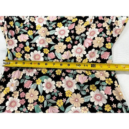 Floral Black & Pink Mini Dress With Puff Sleeves Vent Torch Small Stretchy Rayon Blend Made In USA