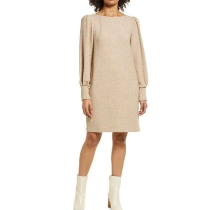 Julia Jordan Beige Puff Sleeve Knit Shift Dress Size 10 Rayon Blend Women's Casual Style