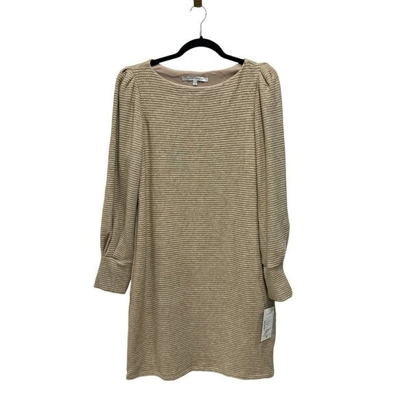 Julia Jordan Beige Puff Sleeve Knit Shift Dress Size 10 Rayon Blend Women's Casual Style