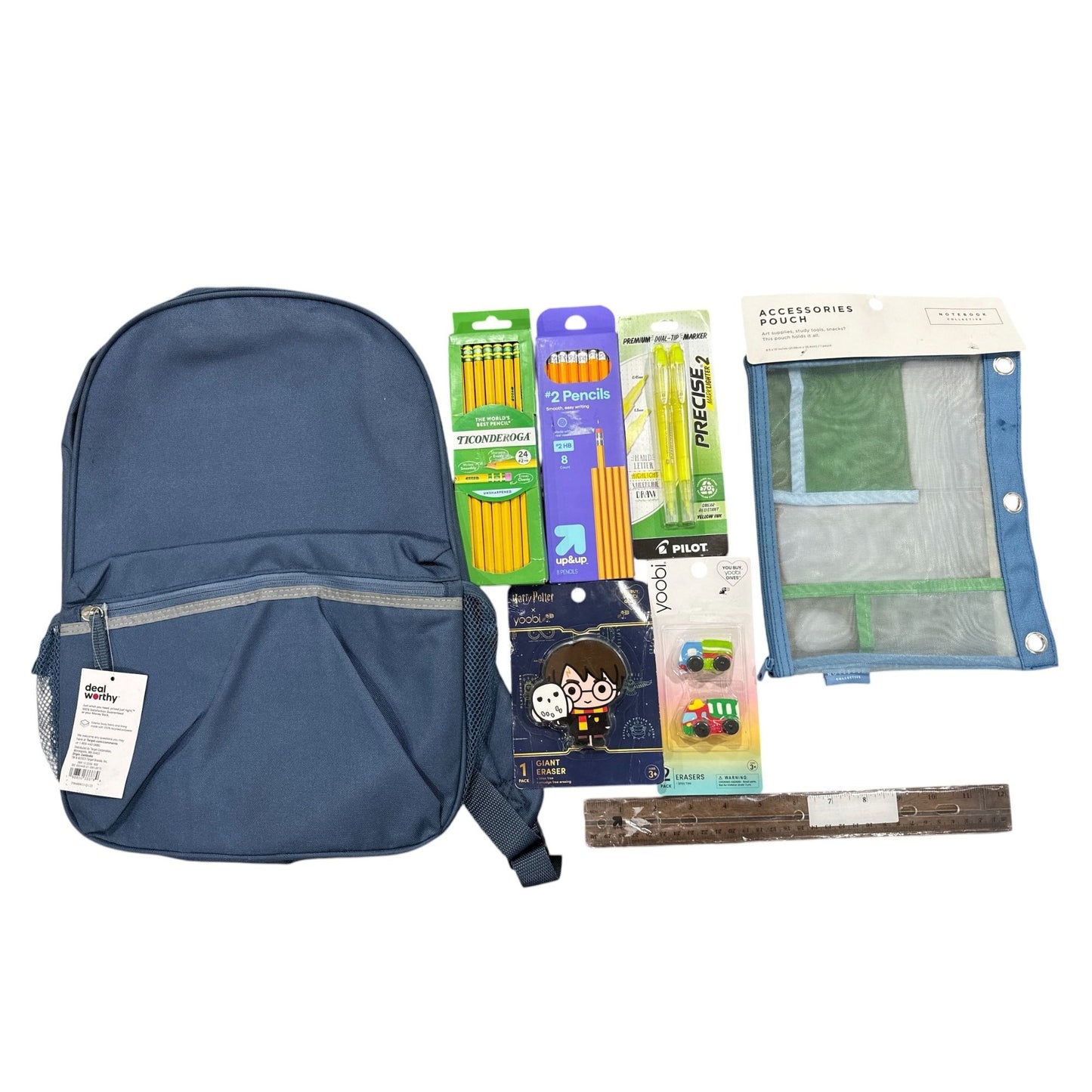 Set of 8 Back-To-School Supplies Bundle With Backpack, Pencils, Erasers, Ruler, Highlighters & Accessories Pouch