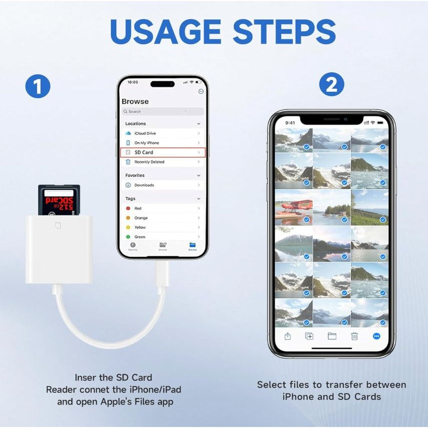 Lightning To SD Card Reader For iPhone/iPad - Plug & Play High-Speed Transfer Compatible With SD/SDHC/SDXC Memory Cards