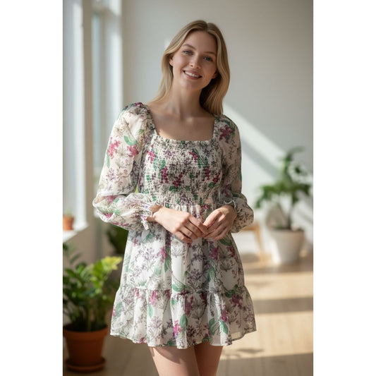 Steve Madden Floral Smocked Long-Sleeve Mini Dress Size M 100% Polyester