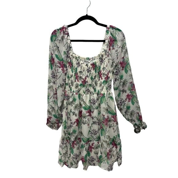 Steve Madden Floral Smocked Long-Sleeve Mini Dress Size M 100% Polyester