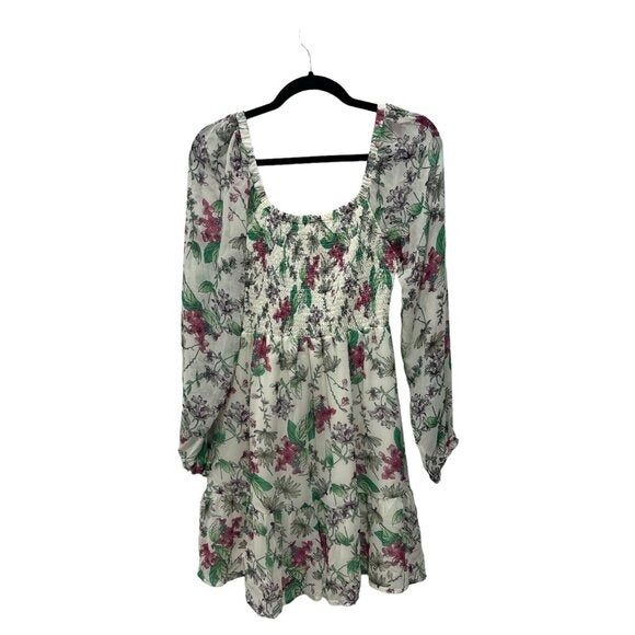 Steve Madden Floral Smocked Long-Sleeve Mini Dress Size M 100% Polyester