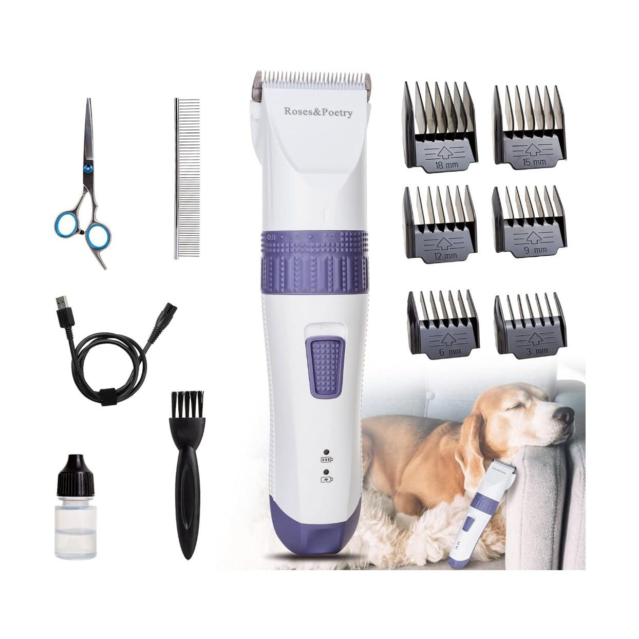 Pro Pet Grooming Clipper Kit For Dogs & Cats Cordless & Quiet Includes Scissors, Comb & Attachments