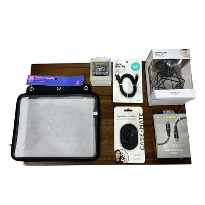 Set of 6 Assorted Tech Accessories Bundle: Tablet Pouch, LED Light, Wall Charger, USB Cables & Lip Gloss Holder