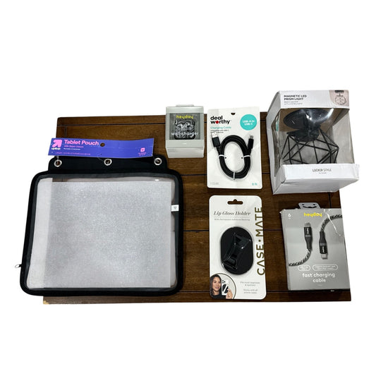 Set of 6 Assorted Tech Accessories Bundle: Tablet Pouch, LED Light, Wall Charger, USB Cables & Lip Gloss Holder
