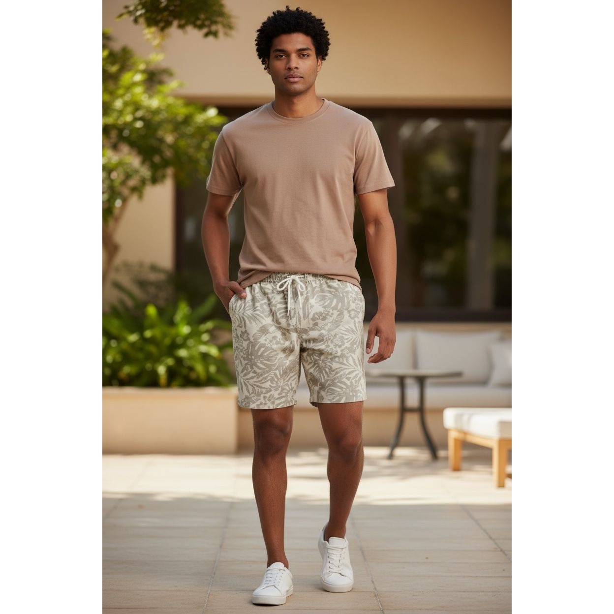 Unison Men's Tropical Print Drawstring Shorts Lightweight Fabric Elastic Waistband Gray & White Size L