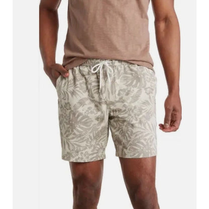 Unison Men's Tropical Print Drawstring Shorts Lightweight Fabric Elastic Waistband Gray & White Size L