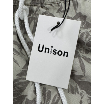 Unison Men's Tropical Print Drawstring Shorts Lightweight Fabric Elastic Waistband Gray & White Size L