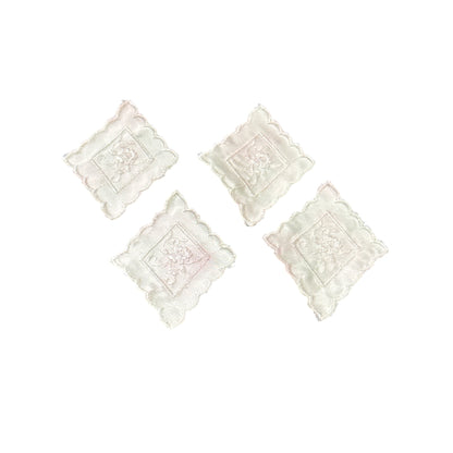 Handmade Pastel Lace Embroidered Satin Patches Set Of 4 Floral Scallop Edges 3.5"