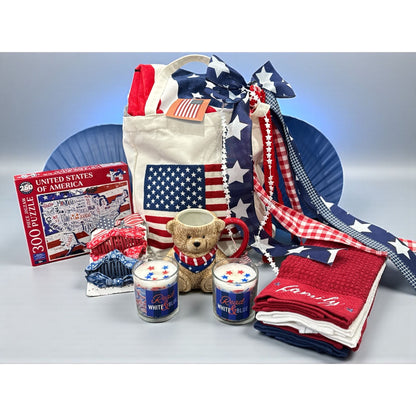 Patriotic Gift Set Bundle With Tote, Teddy Bear Mug, Puzzle, Candles, Towels, Hair Clips, Ribbon Bow & Shell Plates