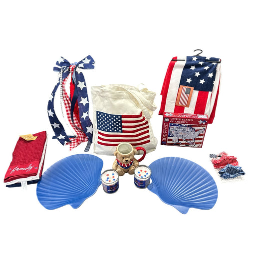 Patriotic Gift Set Bundle With Tote, Teddy Bear Mug, Puzzle, Candles, Towels, Hair Clips, Ribbon Bow & Shell Plates