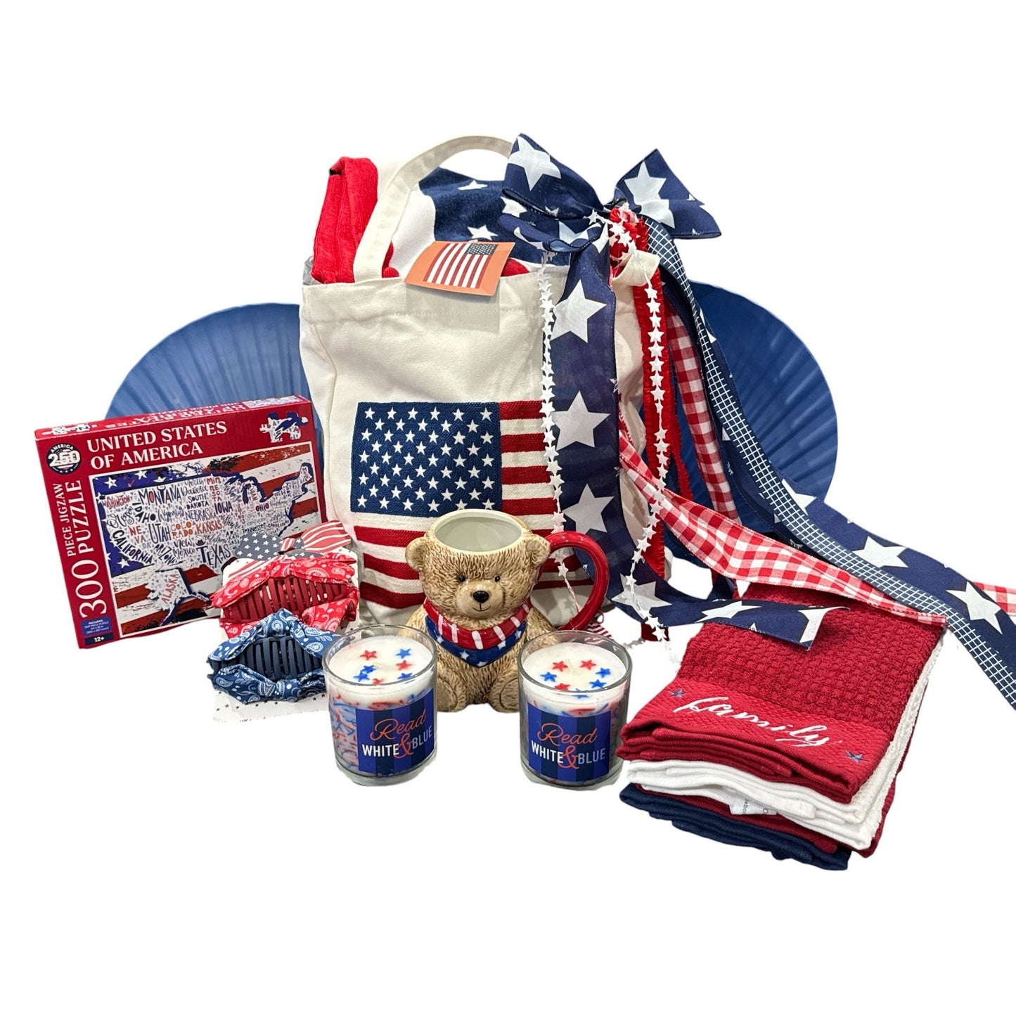 Patriotic Gift Set Bundle With Tote, Teddy Bear Mug, Puzzle, Candles, Towels, Hair Clips, Ribbon Bow & Shell Plates