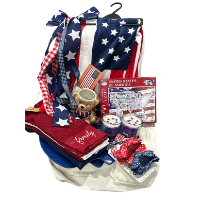 Patriotic Gift Set Bundle With Tote, Teddy Bear Mug, Puzzle, Candles, Towels, Hair Clips, Ribbon Bow & Shell Plates