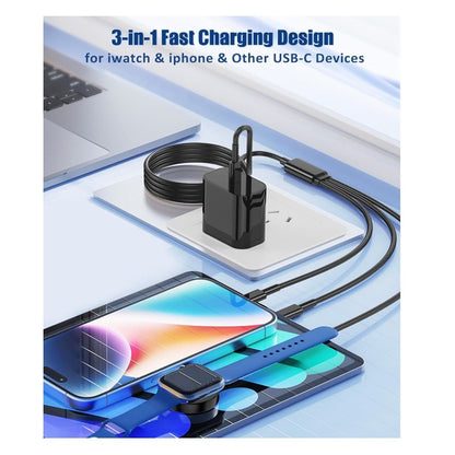 3-In-1 Fast Charging Cable For iPhone iWatch & USB-C Devices With Magnetic Charging Pad & Smart Safety Chip