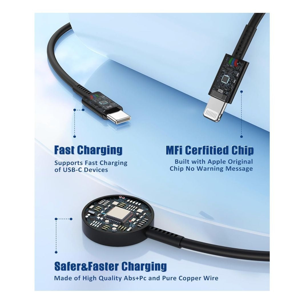 3-In-1 Fast Charging Cable For iPhone iWatch & USB-C Devices With Magnetic Charging Pad & Smart Safety Chip