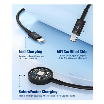 3-In-1 Fast Charging Cable For iPhone iWatch & USB-C Devices With Magnetic Charging Pad & Smart Safety Chip