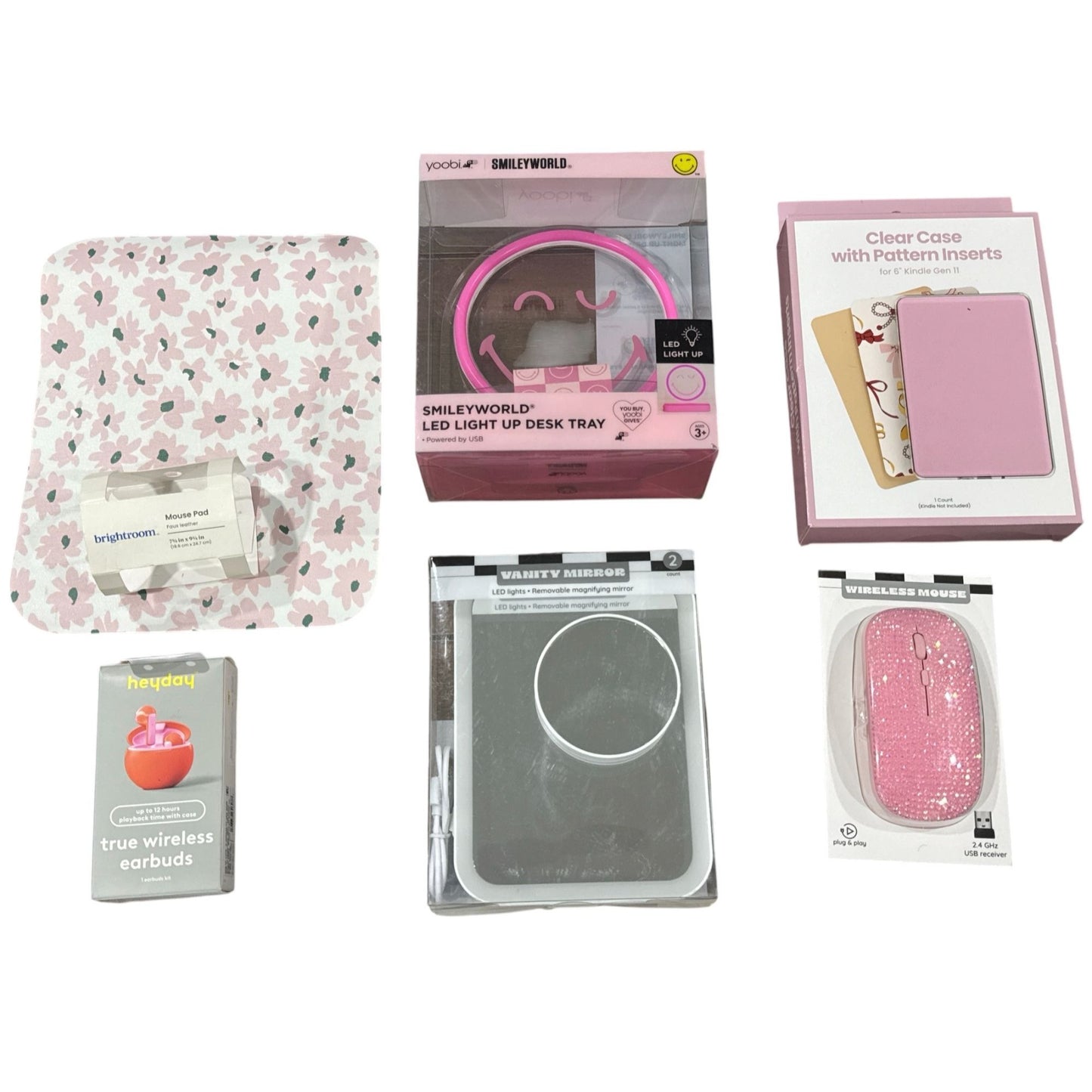 Set of 6pcs SmileyWorld LED Light Up Desk Tray, Pink Wireless Mouse, Earbuds, Mouse Pad, Vanity Mirror & Kindle Case