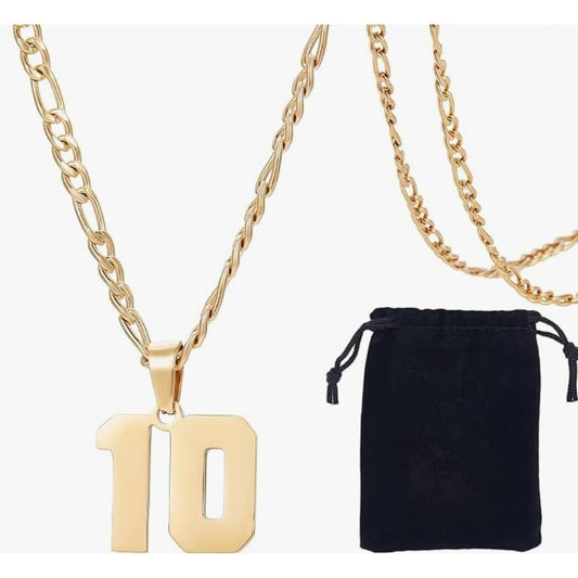 304 Stainless Steel Figaro Chain Necklace With "10" Number Pendant Gold-Tone 24.21-Inch Chain Includes Velvet Gift Pouch