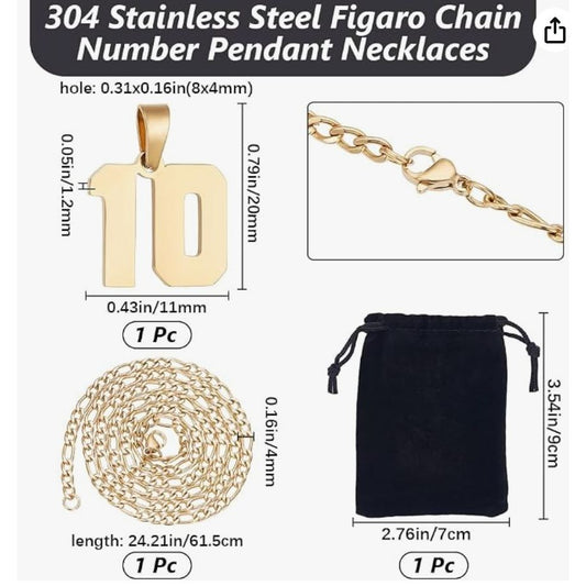304 Stainless Steel Figaro Chain Necklace With "10" Number Pendant Gold-Tone 24.21-Inch Chain Includes Velvet Gift Pouch