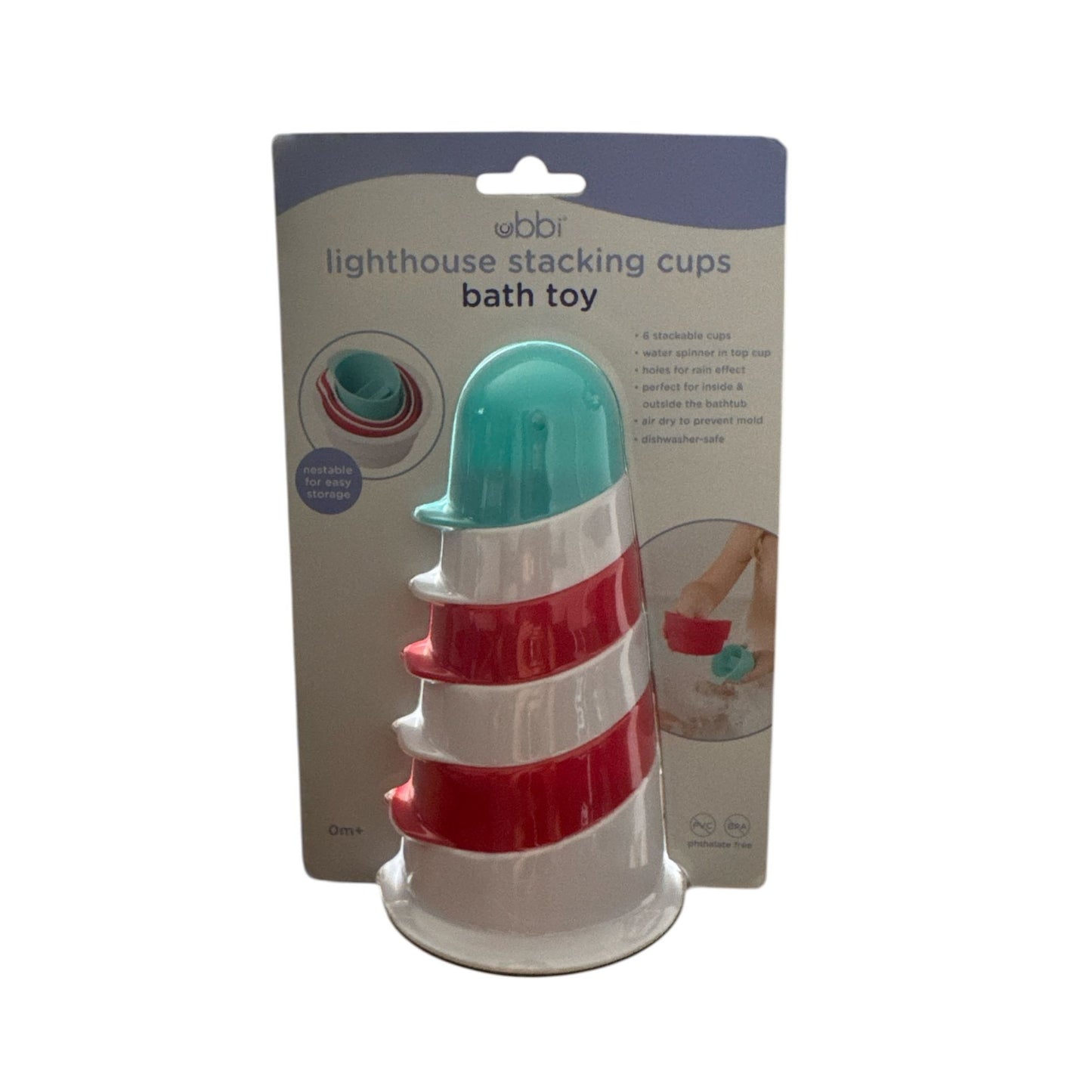 Ubbi Lighthouse Stacking Cups Bath Toy 6 Stackable Cups Dishwasher Safe Phthalate-Free 0M+