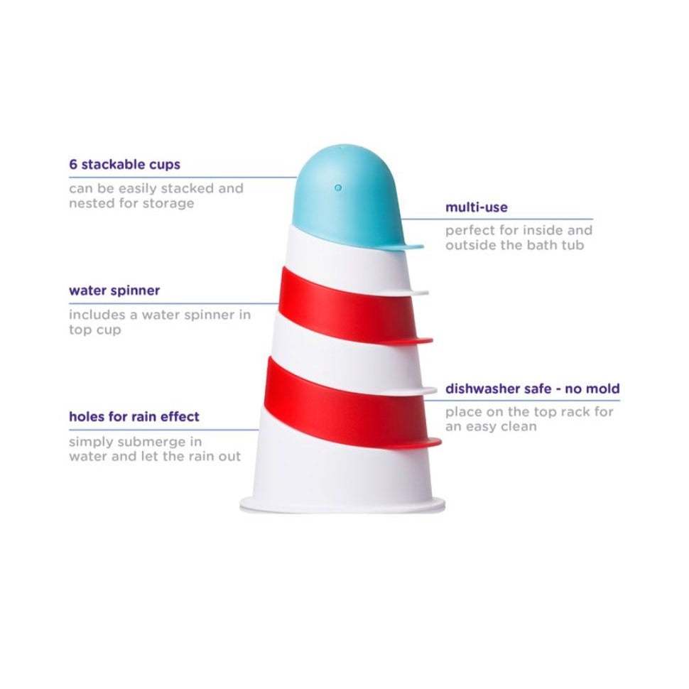 Ubbi Lighthouse Stacking Cups Bath Toy 6 Stackable Cups Dishwasher Safe Phthalate-Free 0M+
