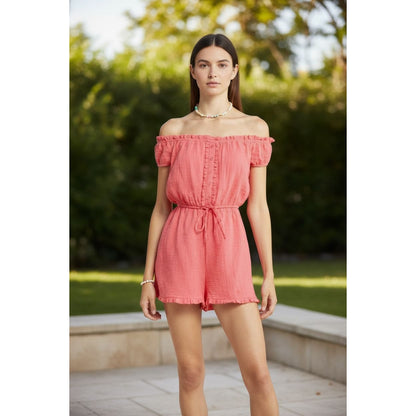 BP. Coral Off-Shoulder Button-Front Ruffle Romper XXS
