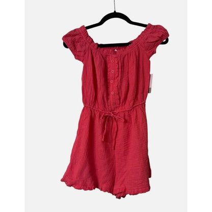 BP. Coral Off-Shoulder Button-Front Ruffle Romper XXS