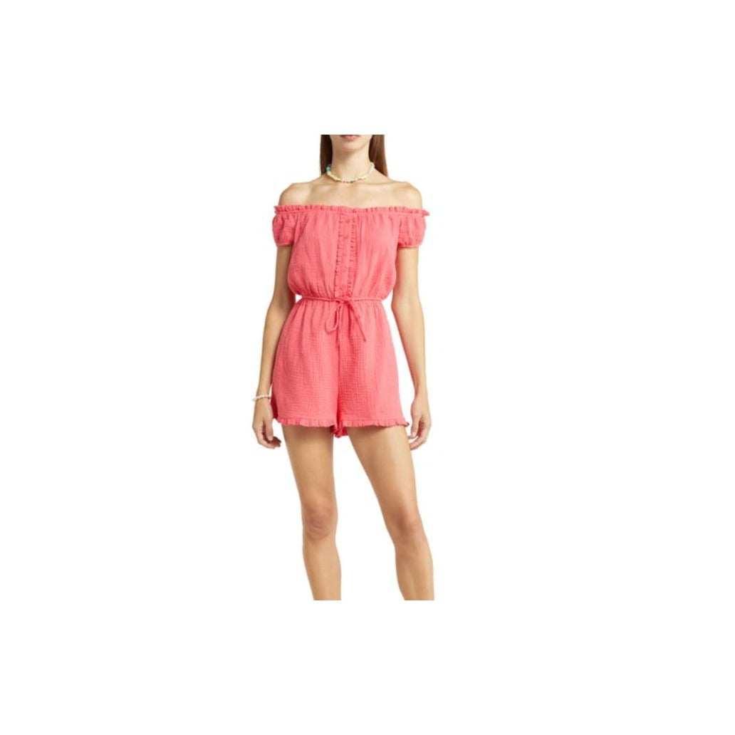 BP. Coral Off-Shoulder Button-Front Ruffle Romper XXS
