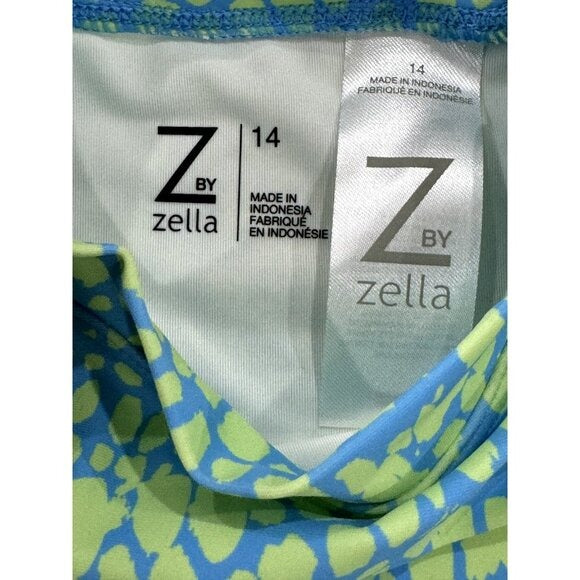 Z By Zella Girls UPF 50+ Cropped Short Sleeve Top Blue/Green Print Size 14