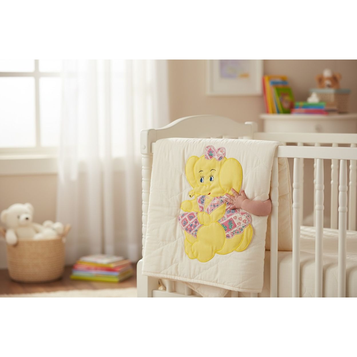 Yellow Elephant Patch Fabric Appliqué With Pink Bow & Patchwork 16"x10"