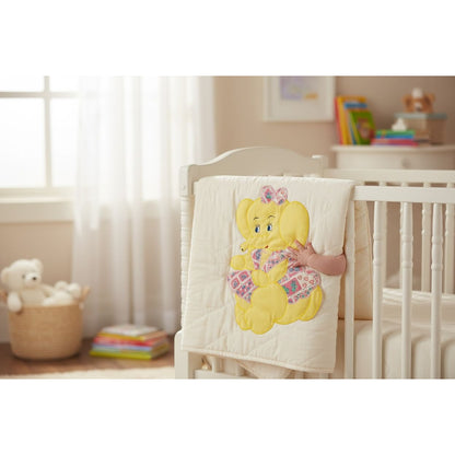 Yellow Elephant Patch Fabric Appliqué With Pink Bow & Patchwork 16"x10"