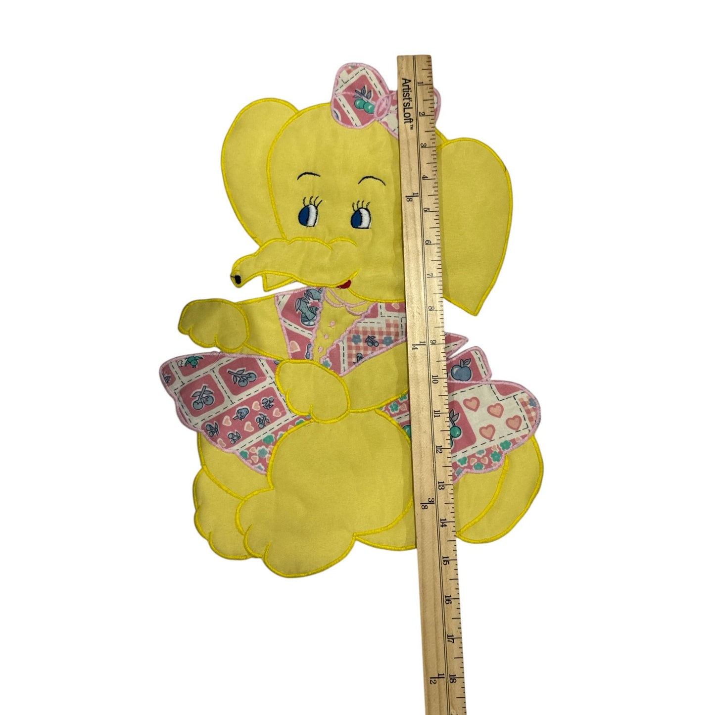 Yellow Elephant Patch Fabric Appliqué With Pink Bow & Patchwork 16"x10"